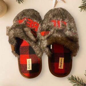 Dearfoams Kids Red Plaid and Gray Faux Fur Slippers-Lil Bear